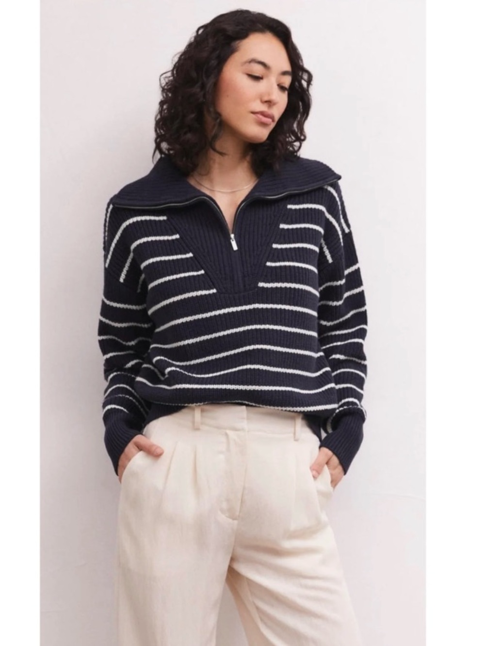 Evereve Z Supply Striped Chunky Knit 1/4 Zip Pullover Sweater Navy Large
